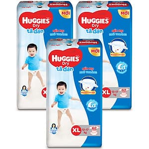 Combo 3 Gói Tã Dán Huggies Dry Gói Cực Đại XL62 (62 Miếng) - Bao Bì Mới