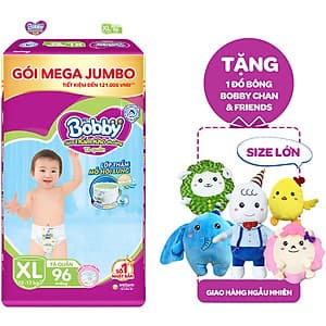 Tã Quần Bobby Đệm Lưng Thấm Mồi Hôi Lưng Mega Jumbo XL96 - Tặng 1 đồ bông Bobby Chan (Sưu tập 05 con Bobby Chan & Những người bạn)