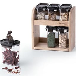 Hộp Đựng Gia Vị Lock&Lock Modular HTE571S6 6 Chiếc (3 Chiếc 180ml Và 3 Chiếc 250ml) + Giá Gỗ