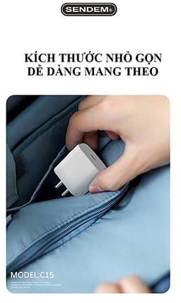 Củ sạc nhanh 18W SENDEM C15 cổng USB Type C hỗ trợ PD Super Chager cho điện thoại iPhone 11, iPhone 11 Pro, iPhone 11 Pro Max, iPad, Macbook - Hàng chính hãng