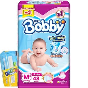 Tã Dán Bobby Siêu Mỏng Thấm Gói Lớn M48 (TẶNG 1 GÓI 6 MIẾNG TẢ QUẦN CÙNG SIZE)