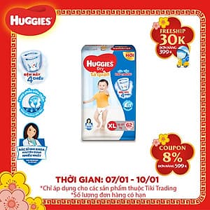Tã Quần Huggies Dry Gói Cực Đại XL62 (62 Miếng) - Bao Bì Mới