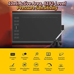 Bảng vẽ micro USB Huion H1060P với 12 nút phím cơ đi kèm với bút vẽ lớn không pin