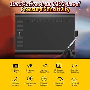 Bảng vẽ micro USB Huion H1060P với 12 nút phím cơ đi kèm với bút vẽ lớn không pin