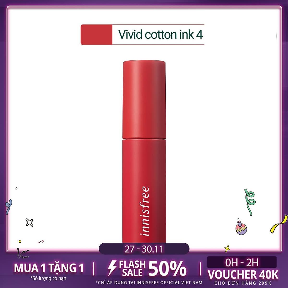 Son Tint Lì Mềm Mượt Innisfree Vivid Cotton Ink 4g