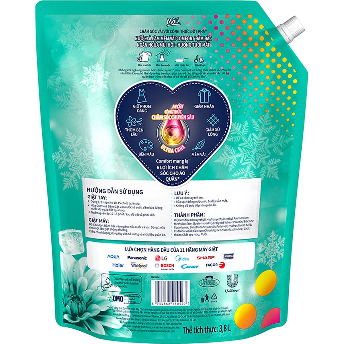 Nước Xả Làm Mềm Vải Comfort Chăm Sóc Chuyên Sâu Ngăn Ngừa Mùi Hôi Hương Tươi Mát túi 3.8L