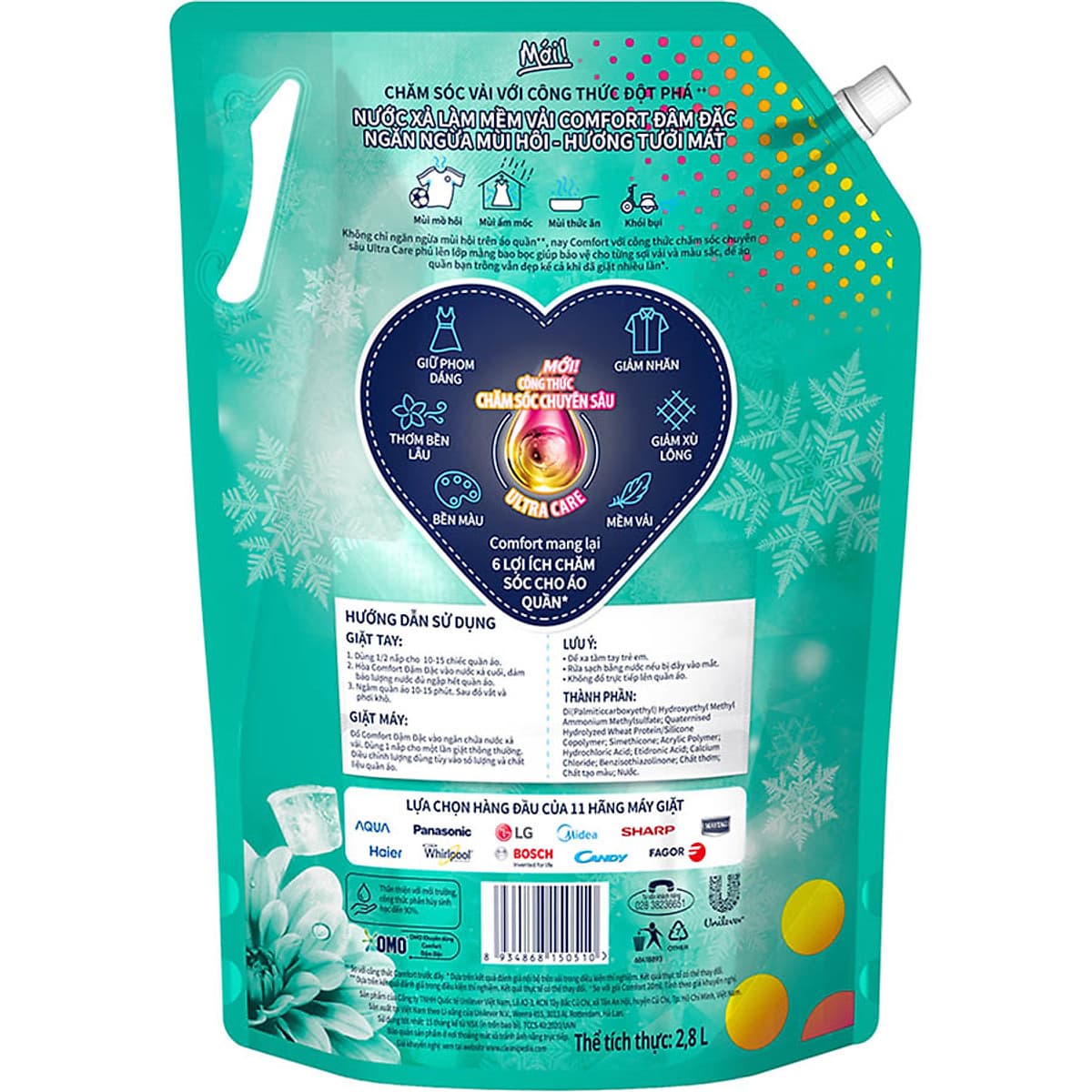 Nước Xả Làm Mềm Vải Comfort Chăm Sóc Chuyên Sâu Ngăn Ngừa Mùi Hôi Hương Tươi Mát túi 2.8L