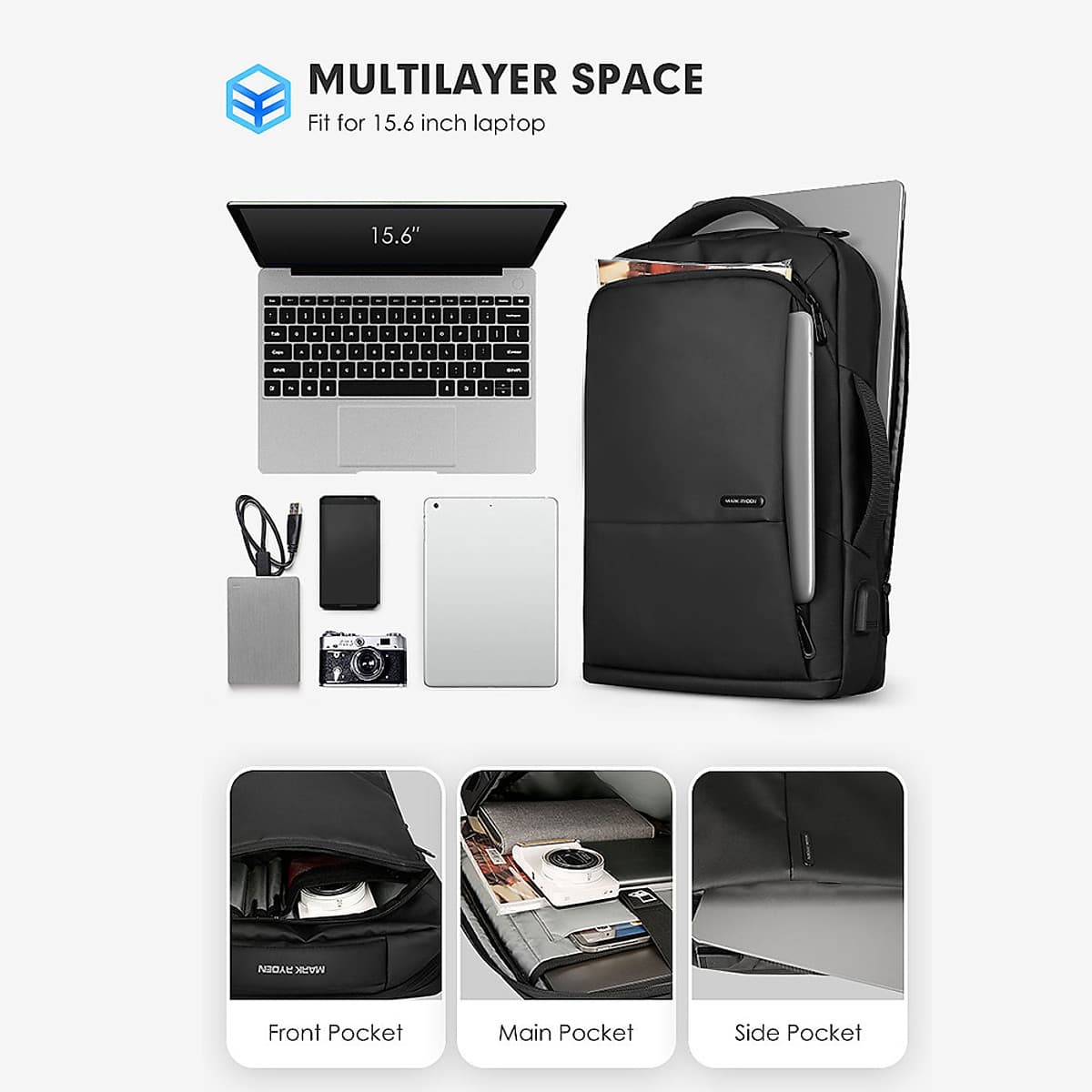 Ba Lô Túi Đeo Chống Trộm Chống Nước 2 Trong 1 Mark Ryden 20 - 35L MR9533_00 - Đen