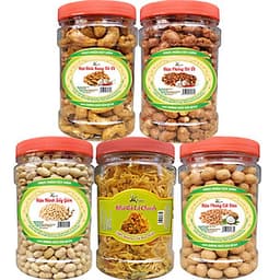 Combo 5 Hũ: ĐIỀU RANG TỎI ỚT 200G- KHÔ GÀ 100G- ĐẬU PHỘNG TỎI ỚT 200G- ĐẬU CỐT DỪA 200G- ĐẬU NÀNH 200G HIỆU SK FOOD